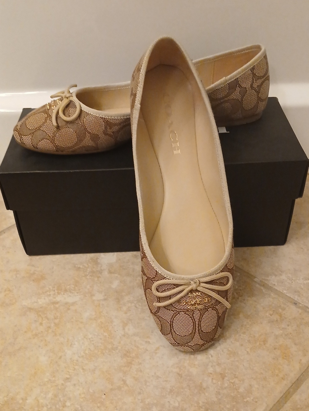 Coach Beige Signature Canvas Bow Ballet Flats